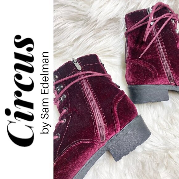 CIRCUS BY SAM EDELMAN Dawson Red Velvet Studded Combat Boot, Size 7 - Picture 7 of 14